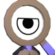 A round brown character with a single large eye looking sideways with a suspicious expression.