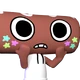 A brown cartoon character with large eyes and a nervous expression, featuring colorful star stickers on its cheeks.