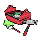 A red toolbox with a hammer and a paintbrush with green paint sitting next to it.