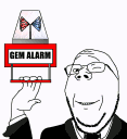 A smug man holding a sign that reads GEM ALARM with a glowing object inside a glass case above it.