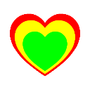 A heart shape with a green center, yellow middle layer, and red outer border.