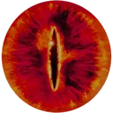 A glowing red eye with a vertical black slit pupil stares intensely.