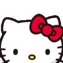 A row of white cartoon cat faces, each featuring a red bow and yellow nose.