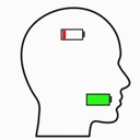 A line-art head silhouette with a red empty battery icon in the brain area and a green full battery icon near the mouth.