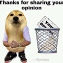 A Cheems dog standing with arms crossed next to a trash can with a paper inside labeled your opinion.