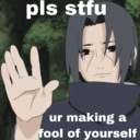 Anime character holding up a hand in a stop gesture with text that says pls stfu ur making a fool of yourself.