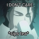 Anime character calmly sipping from a mug with the text I DON'T CARE and *sips tea* overlaid.