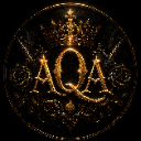 A gold crown sitting above the letters AQA, all set against a dark circular background with ornate filigree.