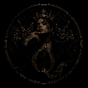 A woman wearing a crown inside a dark circular frame with a serious and confident expression.