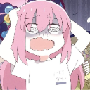 Hitori Gotoh with pink hair clutching her head in a state of extreme panic and shock.