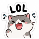 A gray and white cartoon cat laughing with eyes closed and the letters LOL above its head.
