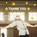 Satoru Gojo with arms wide open under floating stars with the text THANK YOU.