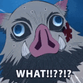 Boar mask character with wide eyes and a shocked expression with the text WHAT!!??!? below it.
