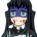 Muichiro Tokito with a dark blue shadowed face and blood splatters on his cheeks looking blankly ahead.