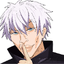 Anime man with white hair making a shushing gesture with his finger against his lips while wearing a smug expression.
