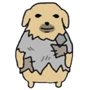 A cartoon dog with a sad expression wearing a tattered, patched-up gray shirt.