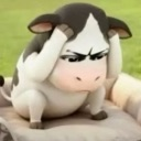 A 3D cartoon cow with a serious, stressed expression holding its head with both hooves.