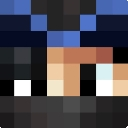 A pixelated character with a dark mask and blue hair looking forward with a serious expression.