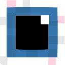 A blue square with a large black rectangle inside representing an eye with a white highlight.