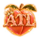 A stylized peach with a golden crown on top and the letters ATL written in gold across the center.