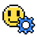 A yellow pixelated smiley face positioned next to a blue pixelated gear icon.