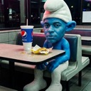 A blue, human-faced character wearing a white hat sits alone in a diner booth with a drink and food on the table.