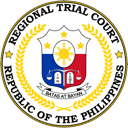 A circular seal of the Philippine Regional Trial Court featuring a shield with a sun, stars, and scales of justice.