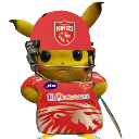 Pikachu wearing a red cricket helmet and a matching red cricket jersey.