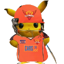 Pikachu wearing an orange cricket helmet and matching team jersey.