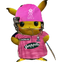 Pikachu wearing a pink cricket helmet and jersey with a serious expression.