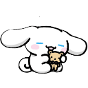 Cinnamoroll the white puppy happily hugging a small brown teddy bear.