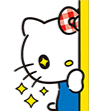 Hello Kitty peeking from behind a yellow wall with sparkling eyes.