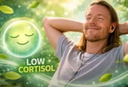 A man leaning back with his hands behind his head looking relaxed next to a glowing green orb with a smiling face.