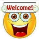 A yellow smiley face with wide eyes and a large open mouth holding a white sign that says Welcome.