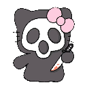 A cartoon character wearing a white ghost mask and a pink bow holding a bloody knife.