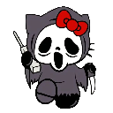 A cat character wearing a white horror mask with a red bow, holding a knife and appearing to scream.
