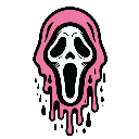 A white mask with a gaping mouth and eye holes is covered in dripping pink liquid against a black background.
