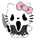 A white cat character wearing a black ghost mask and robe, holding a knife with a pink bow on its head.
