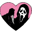 Ghostface mask from the Scream franchise centered inside a large pink heart shape.