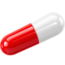 A red and white capsule pill sits against a dark background.