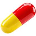 A 3D glossy red and yellow pill capsule isolated on a black background.