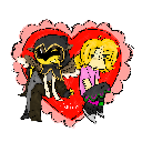 A dark creature and a blonde person sitting together inside a large red heart shape.