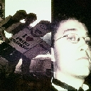 A person with glasses in a close-up portrait next to a blurry, low-quality image of a group of people at a party.