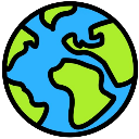 Earth globe icon with blue oceans and bright green continents.