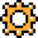 Gear icon with eight teeth rendered in orange and white pixel art against a black background.