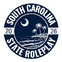 A circular blue and white emblem featuring a beach scene with palm trees and a crescent moon, surrounded by text.