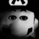 A close-up of a character face with wide, unblinking eyes in a grainy black and white style.