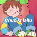 A cartoon boy with a grumpy expression sitting down with the text Chup kr lallu written over him.