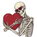 Skeleton wearing heart-shaped sunglasses hugging a large red heart.