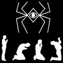 Silhouettes of people bowing and kneeling beneath a large line-art spider with a single eye in its center.